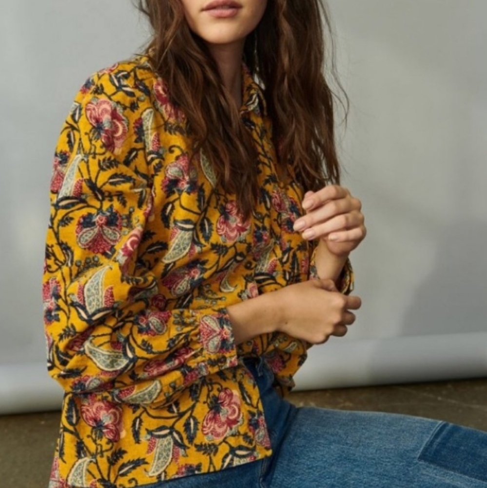 Pilcro and the Letterpress Mustard Floral Button-Down Shirt